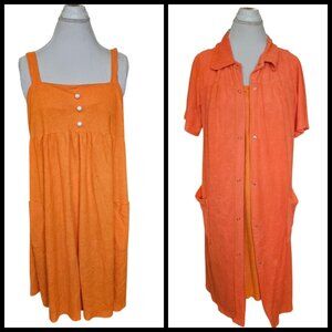 VTG 70s‎ Orange Thin Terry House Dress Robe Sz L XL Pockets 2 Pc Set Terrycloth